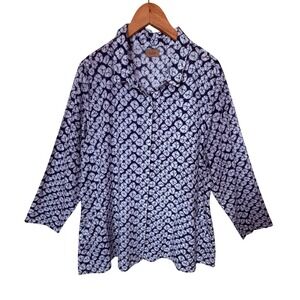 Tulip Blue White Cotton Batik Tie Dye Button Down Shirt Pockets Lagenlook Large